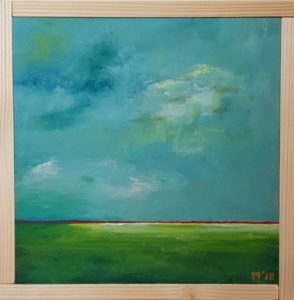 Friesland, landschap, zon, ochtendgloren, 20 x 20 cm, Fries landschap, wolkenlucht, horizon, ruimte, schilderij