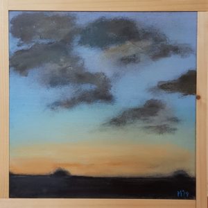 Zomeravond, landschap, nagenieten, 20 x 20 cm, schilderij zomeravond, schilderij, oranje lucht, mooie avond