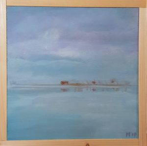 Tjeukemeer, winter landschap, ijskoud, 20 x 20 cm, Fries landschap, schilderij Friesland, horizon, water, schilderij, ruimte