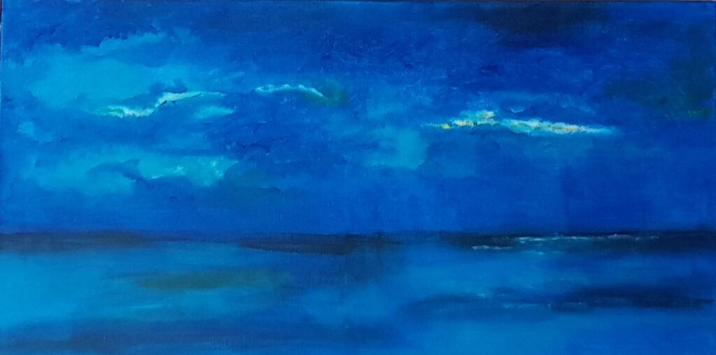 Painting, blue, ocean, doorbrekende zon, wad, 